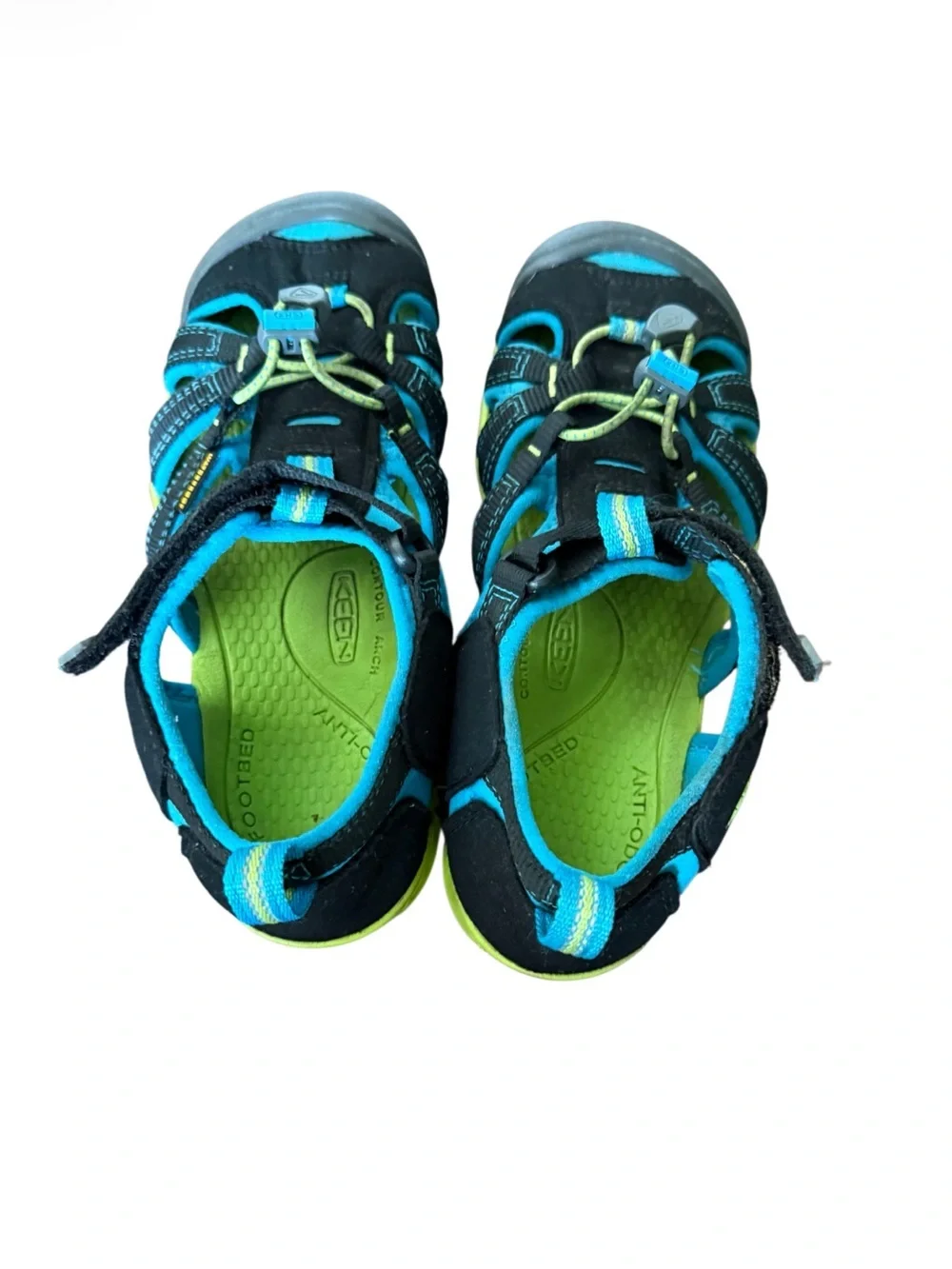 Keen Kids’ Sea Camp II Black Sandals with Teal and Lime Accents-Size 4